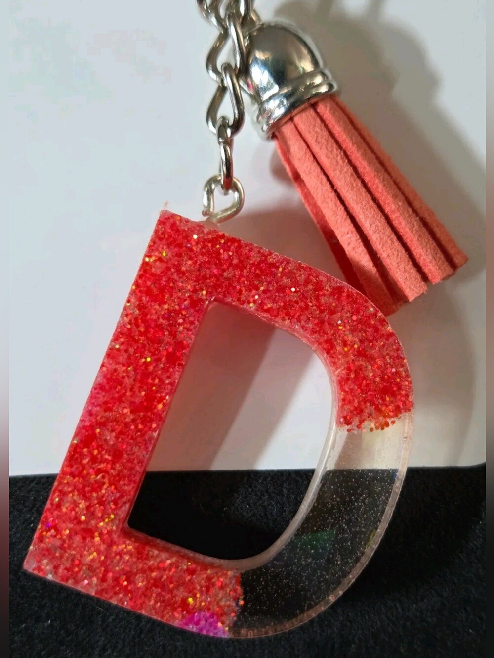 Personalized Glitter Coral D Initial Resin Keychain with Tassel